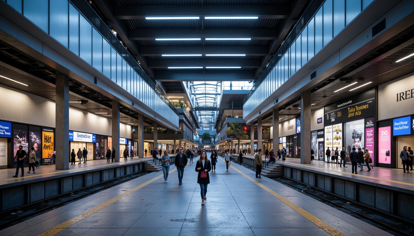 Prompt: Modern metro station, sleek architecture, bright LED lighting, futuristic ambiance, high ceilings, grand staircases, spacious platforms, dynamic signage, urban cityscape, rush hour atmosphere, warm color temperature, softbox lighting, indirect illumination, energy-efficient solutions, sustainable design, minimalist aesthetic, industrial materials, exposed ductwork, concrete floors, steel beams, vibrant advertisements, bustling pedestrian traffic, shallow depth of field, 1/1 composition, realistic textures, ambient occlusion.