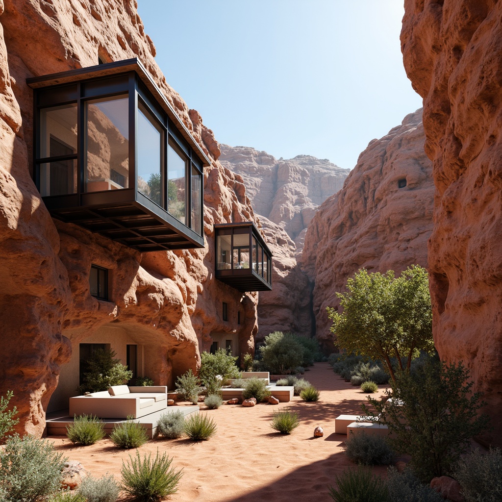 Prompt: Rugged canyon landscape, rust-colored rock formations, modernist architecture, cantilevered buildings, steel frames, glass facades, minimalist design, clean lines, industrial materials, exposed ductwork, polished concrete floors, reclaimed wood accents, metal mesh railings, floor-to-ceiling windows, sliding glass doors, natural ventilation systems, passive solar design, desert flora, succulent plants, sandy terrain, warm sunny day, high contrast lighting, dramatic shadows, 1/1 composition, symmetrical framing, realistic textures, ambient occlusion.