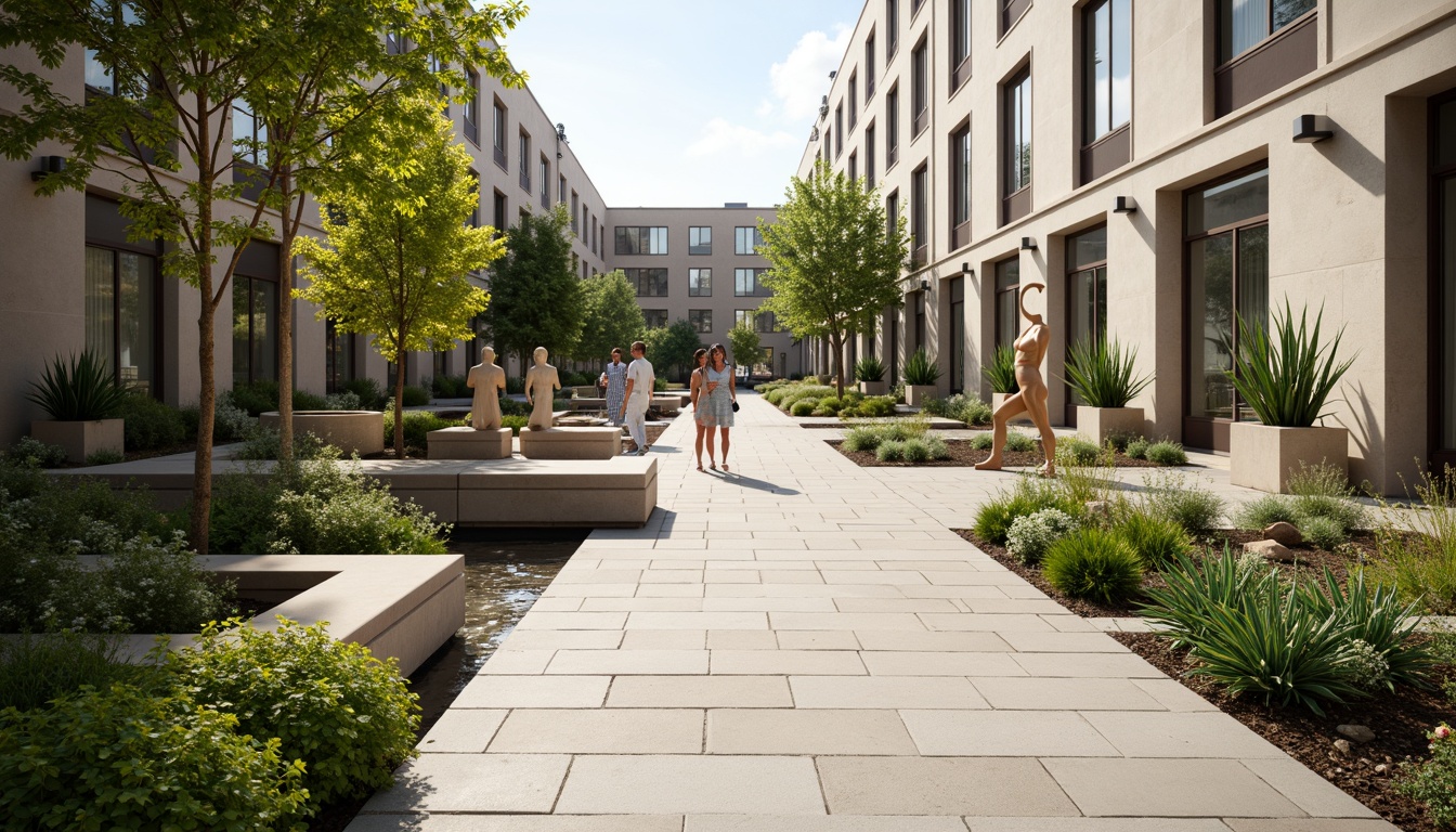 Prompt: Soothing hospital courtyard, lush greenery, calming water features, natural stone pathways, minimalist benches, modern sculptures, serene ambiance, warm neutral tones, clean lines, simple forms, functional planters, low-maintenance gardens, peaceful atmosphere, soft diffused lighting, shallow depth of field, 1/1 composition, realistic textures, ambient occlusion.