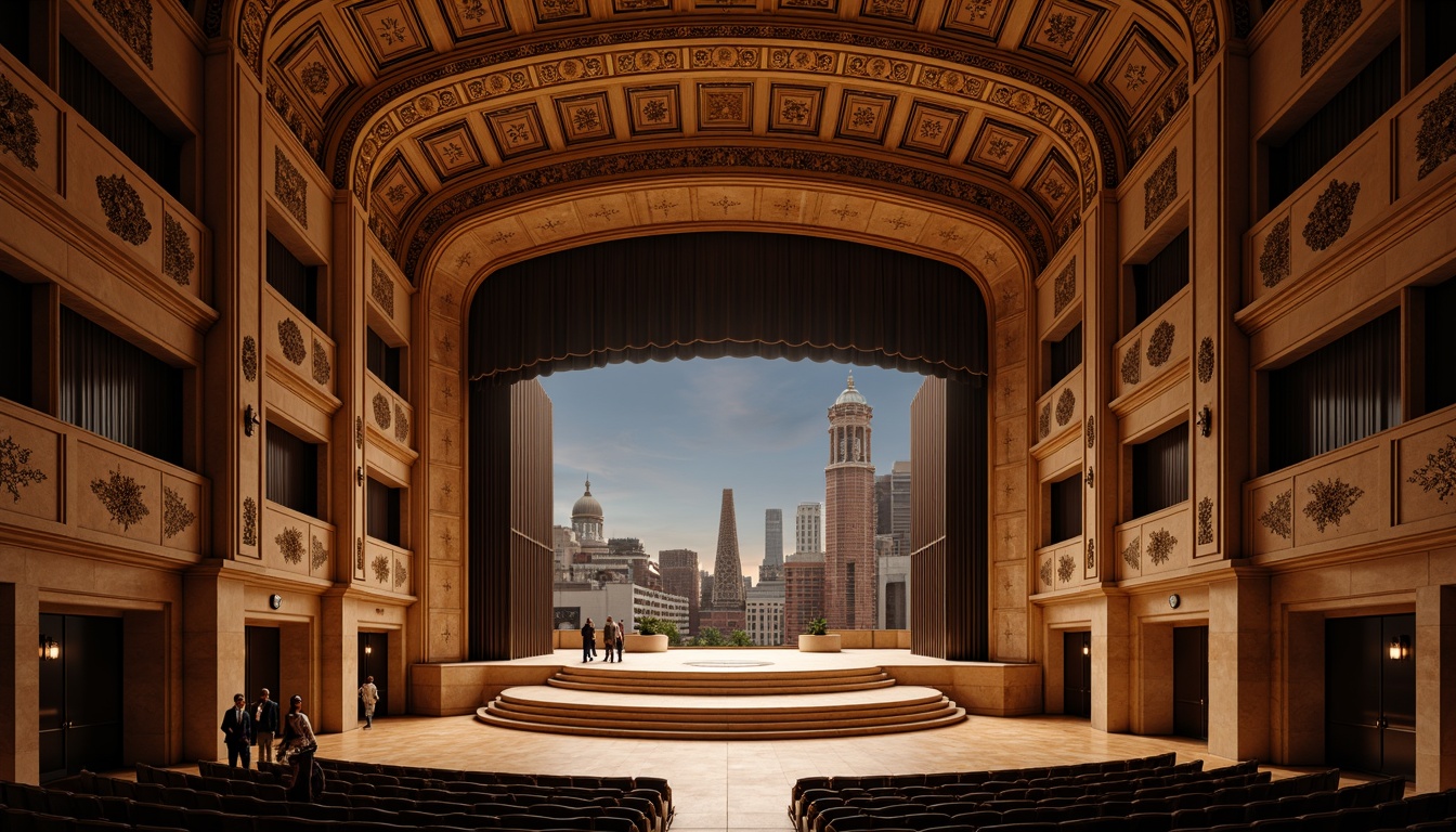 Prompt: Grand auditorium, ornate facade, intricate stone carvings, sweeping arches, majestic entrance, polished marble floors, luxurious velvet curtains, golden accents, dramatic spotlights, tiered seating, acoustic panels, soundproofing materials, minimalist interior design, sleek lines, modern architecture, urban cityscape, evening ambiance, soft warm lighting, shallow depth of field, 1/1 composition, realistic textures, ambient occlusion.