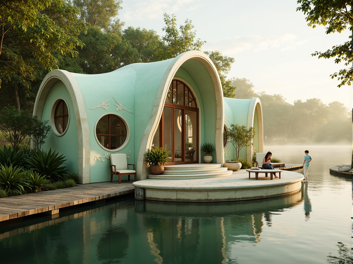 Prompt: Whimsical boathouse, soft mint green exterior, ornate Art Nouveau details, flowing curves, organic forms, delicate filigree, pastel color scheme, creamy whites, pale blues, warm beige accents, rustic wooden docks, lush water plants, serene lake surroundings, misty morning atmosphere, warm golden lighting, shallow depth of field, 1/2 composition, romantic soft focus, intricate textures, subtle ambient occlusion.