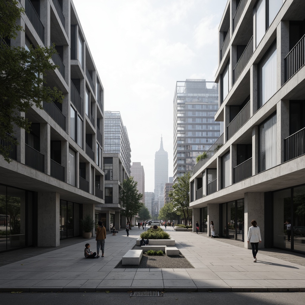 Prompt: Geometric buildings, brutalist architecture, raw concrete textures, industrial materials, minimalist decor, open floor plans, functional spaces, modular furniture, urban cityscape, busy streets, modern skyscrapers, abstract sculptures, monochromatic color scheme, high-contrast lighting, dramatic shadows, 1/1 composition, symmetrical framing, stark contrast, atmospheric perspective.