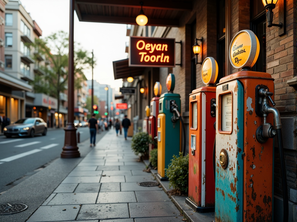 Prompt: Retro-style gas pumps, eclectic architecture, bold color schemes, vintage signage, distressed textures, rusty metal accents, reclaimed wood elements, industrial lighting fixtures, urban cityscape, busy streets, morning sunlight, shallow depth of field, 1/2 composition, realistic reflections, ambient occlusion, neon signs, nostalgic typography, ornate details, Art Deco influences, steampunk inspirations.