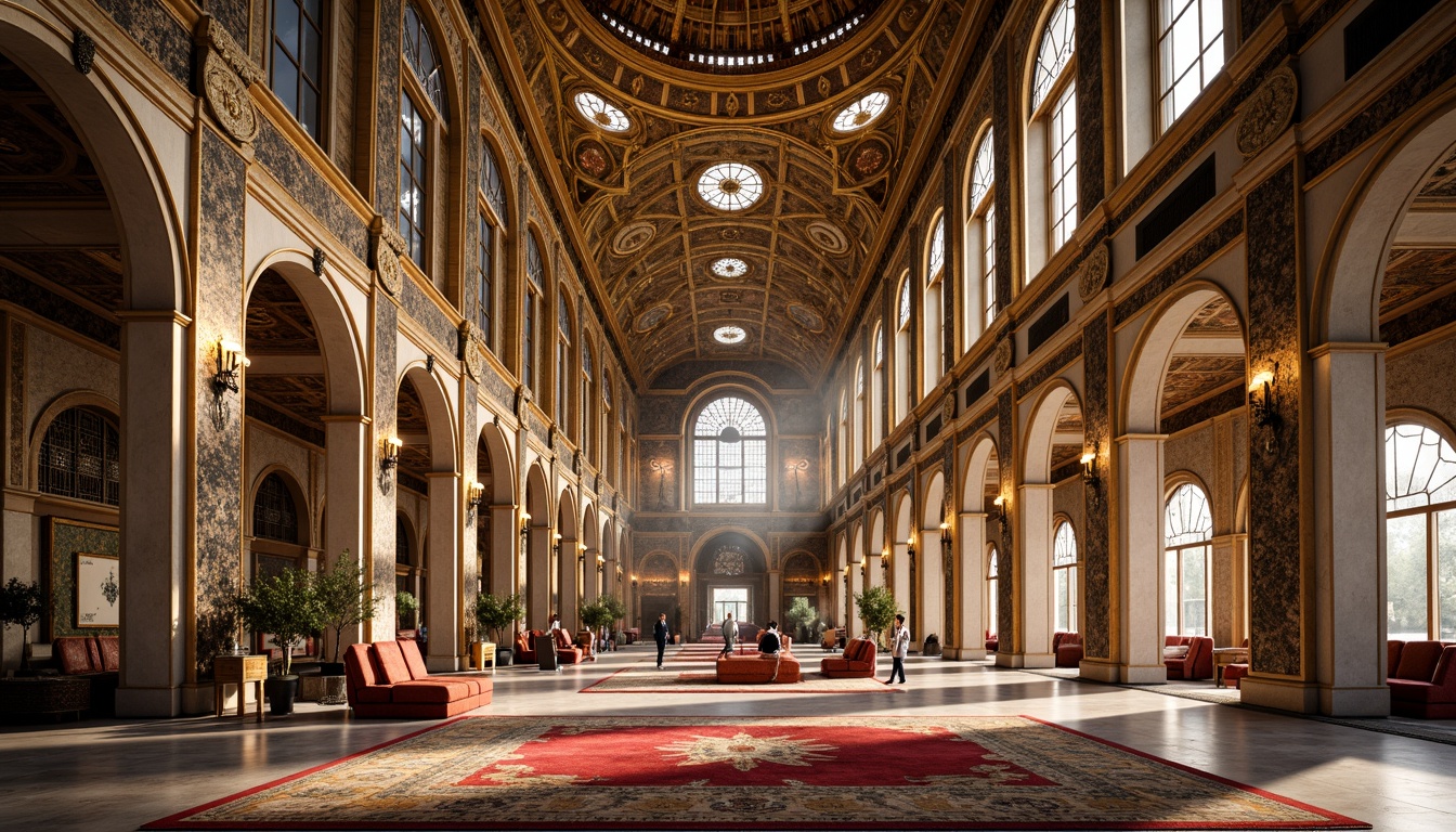 Prompt: Intricate mosaics, golden domes, ornate archways, lavish furnishings, rich textiles, vibrant colors, marble floors, grand chandeliers, high ceilings, ornate columns, intricate carvings, luxurious materials, Byzantine-inspired patterns, regal atmosphere, warm lighting, shallow depth of field, 1/1 composition, realistic textures, ambient occlusion.