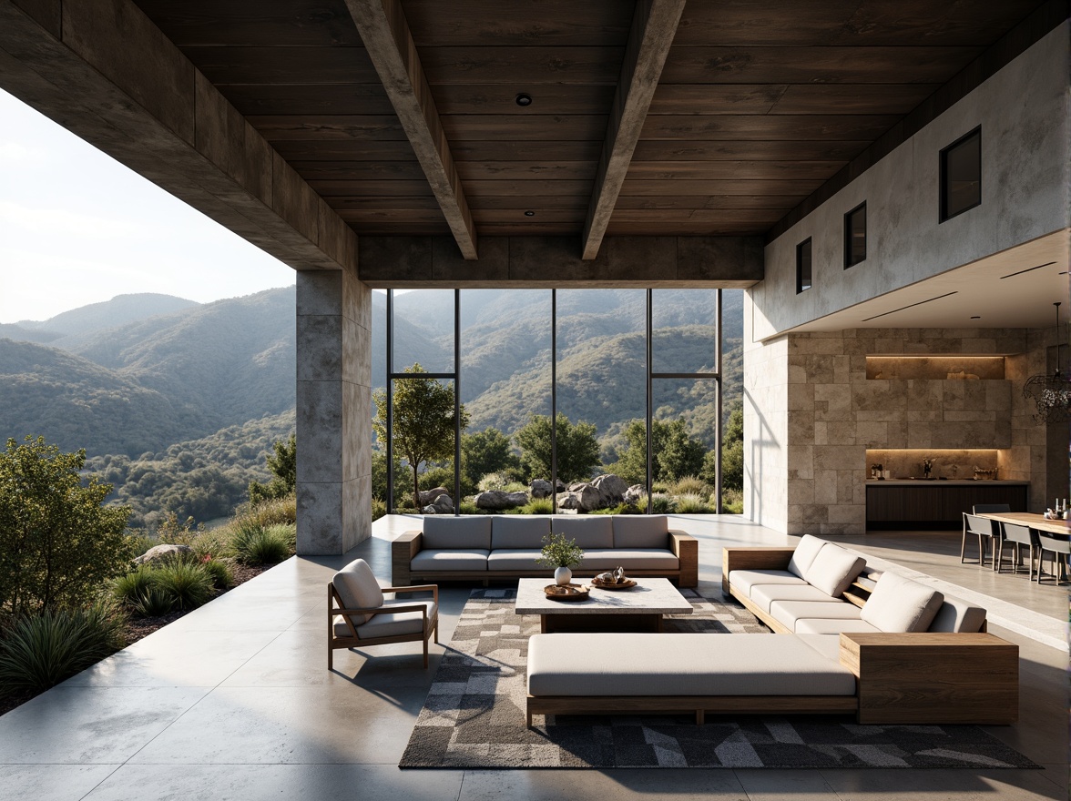 Prompt: Canyon-inspired modernist building interior, open-plan living space, minimalist decor, sleek low-profile furniture, polished concrete floors, industrial-style metal beams, floor-to-ceiling windows, panoramic canyon views, natural stone accent walls, geometric patterned rugs, monochromatic color scheme, ambient soft lighting, 1/1 composition, shallow depth of field, realistic textures, subtle shadows.