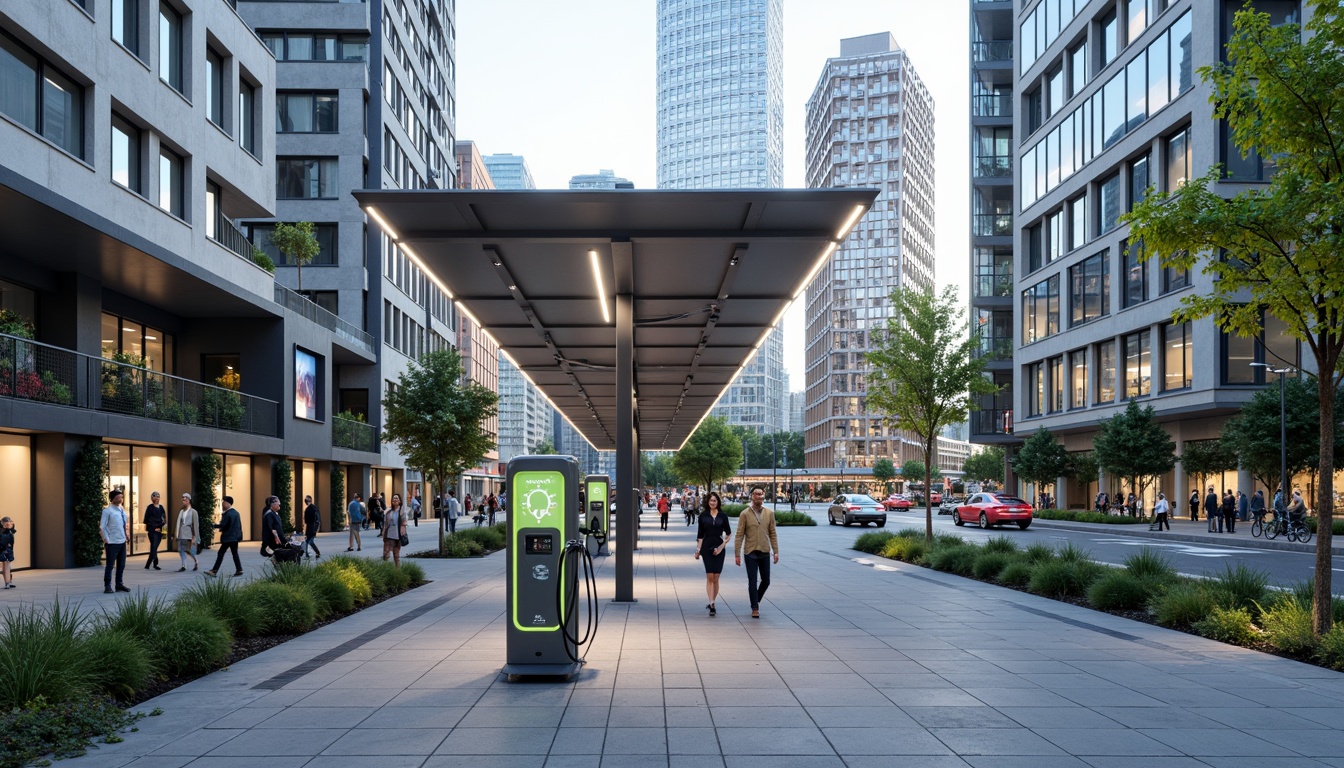 Prompt: Modern urban landscape, electric vehicle charging stations, sleek metal canopies, LED lighting, futuristic design, city streets, busy traffic, urban skyscrapers, green roofs, solar panels, energy-efficient systems, pedestrian walkways, bike lanes, public art installations, vibrant street furniture, dynamic signage, 24/7 operation, secure payment systems, real-time charging status, panoramic city views, shallow depth of field, 1/1 composition, realistic textures, ambient occlusion.