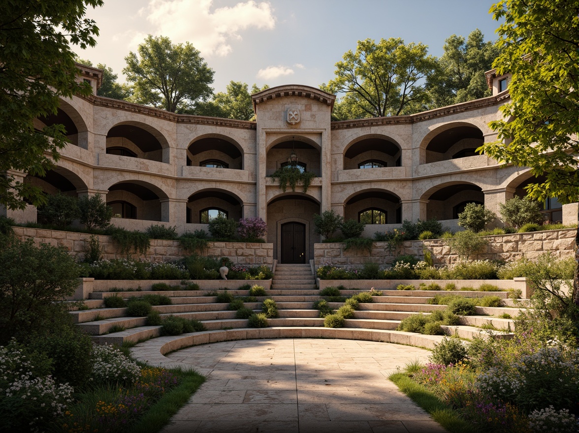 Prompt: Rustic stone amphitheater, Romanesque arches, ornate carvings, grand entrance gates, weathered stone walls, moss-covered steps, lush greenery, vibrant flowers, natural stone seating, curved rows of benches, dramatic spotlights, warm golden lighting, shallow depth of field, 1/2 composition, symmetrical framing, realistic textures, ambient occlusion.