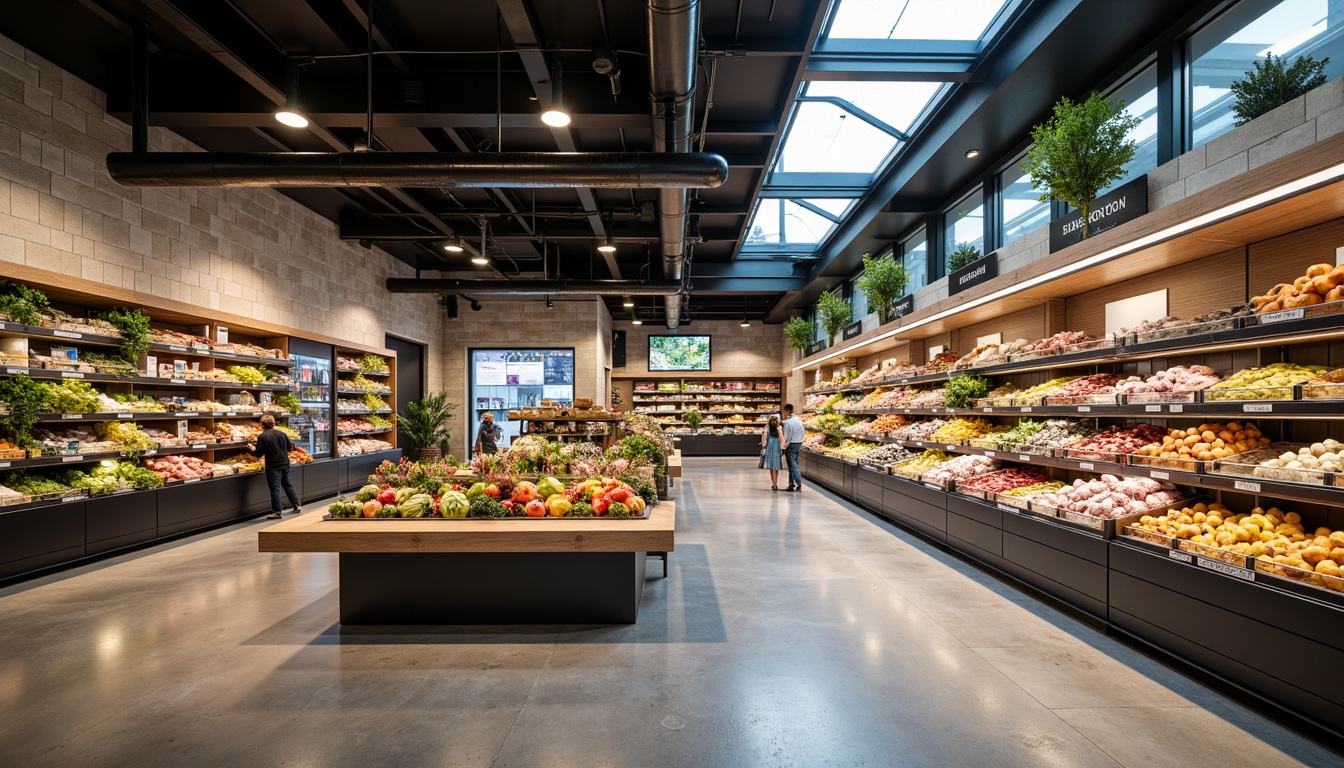 Prompt: Modern grocery store interior, sleek shelving units, fresh produce displays, ambient LED lighting, warm color temperatures, energy-efficient solutions, suspended ceiling fixtures, recessed lighting, aisle navigation signs, polished concrete floors, minimalist decor, natural stone accents, abundant natural light, skylights, clerestory windows, softbox lighting, 1/1 composition, realistic reflections, subtle shadows.