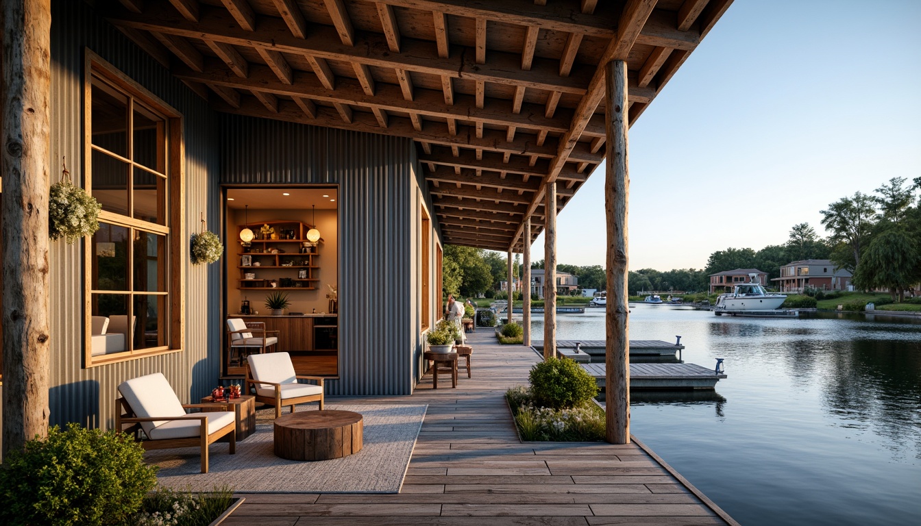 Prompt: Rustic boathouse, wooden dock, serene lake views, nautical-themed decorations, weathered wood shingles, corrugated metal roofing, asphalt shingle alternatives, solar panel integration, green roof systems, living roofs, sedum plant coverage, natural stone chimneys, cedar shake siding, wooden beam ceilings, exposed rafters, warm cozy lighting, shallow depth of field, 1/1 composition, realistic textures, ambient occlusion.