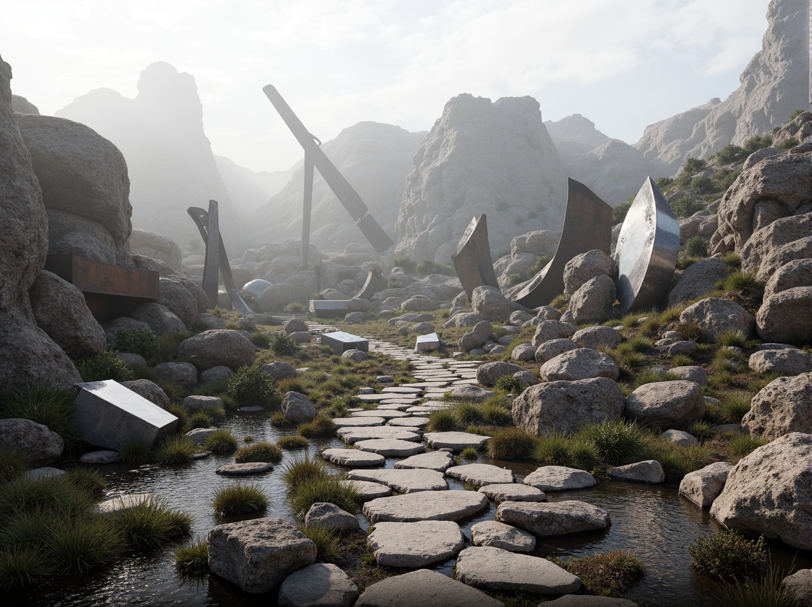 Prompt: Fragmented landscape, rocky outcrops, meandering paths, abstract sculptures, deconstructed buildings, irregular forms, fractured lines, dynamic volumes, cantilevered structures, reflective surfaces, metallic materials, bold color contrasts, dramatic lighting effects, misty atmosphere, shallow depth of field, 1/1 composition, panoramic view, realistic textures, ambient occlusion.