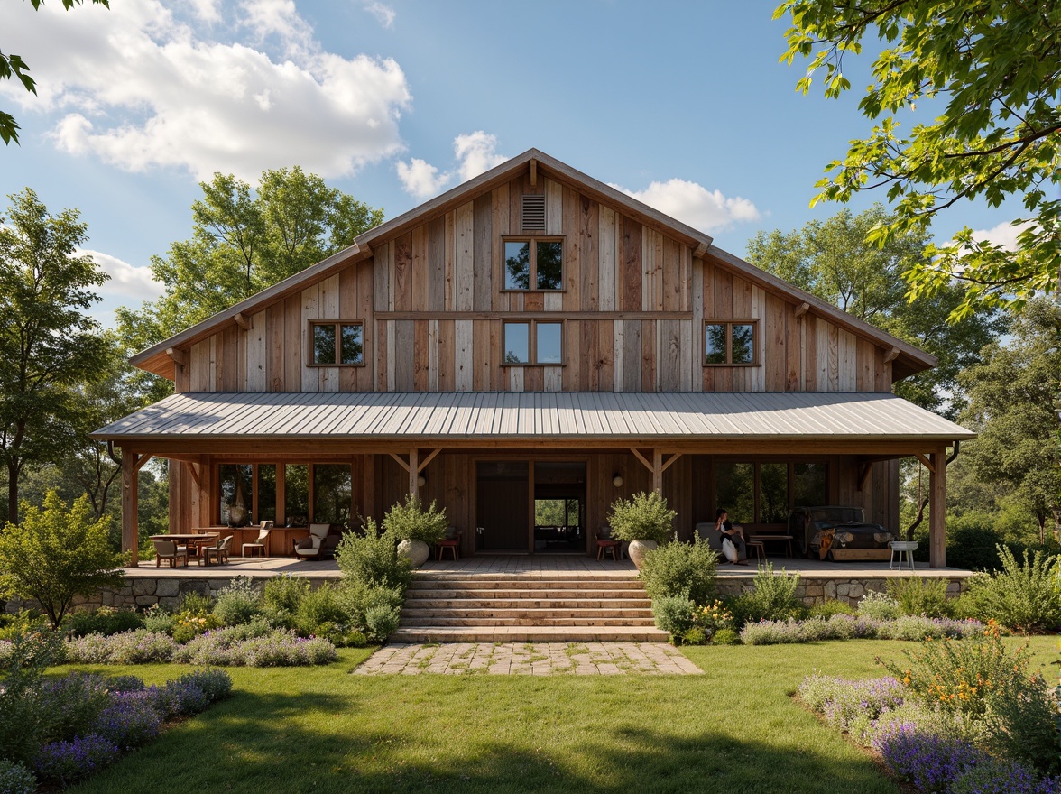 Prompt: Rustic barn, reclaimed wood textures, earthy tones, natural stone walls, corrugated metal roofs, wooden beams, vintage farm equipment, lush greenery, wildflowers, sunny day, soft warm lighting, shallow depth of field, 3/4 composition, panoramic view, realistic textures, ambient occlusion, sustainable materials, eco-friendly insulation, solar panels, rainwater harvesting systems, living roofs, organic gardens, natural ventilation systems, earthy color palette, distressed wood accents.