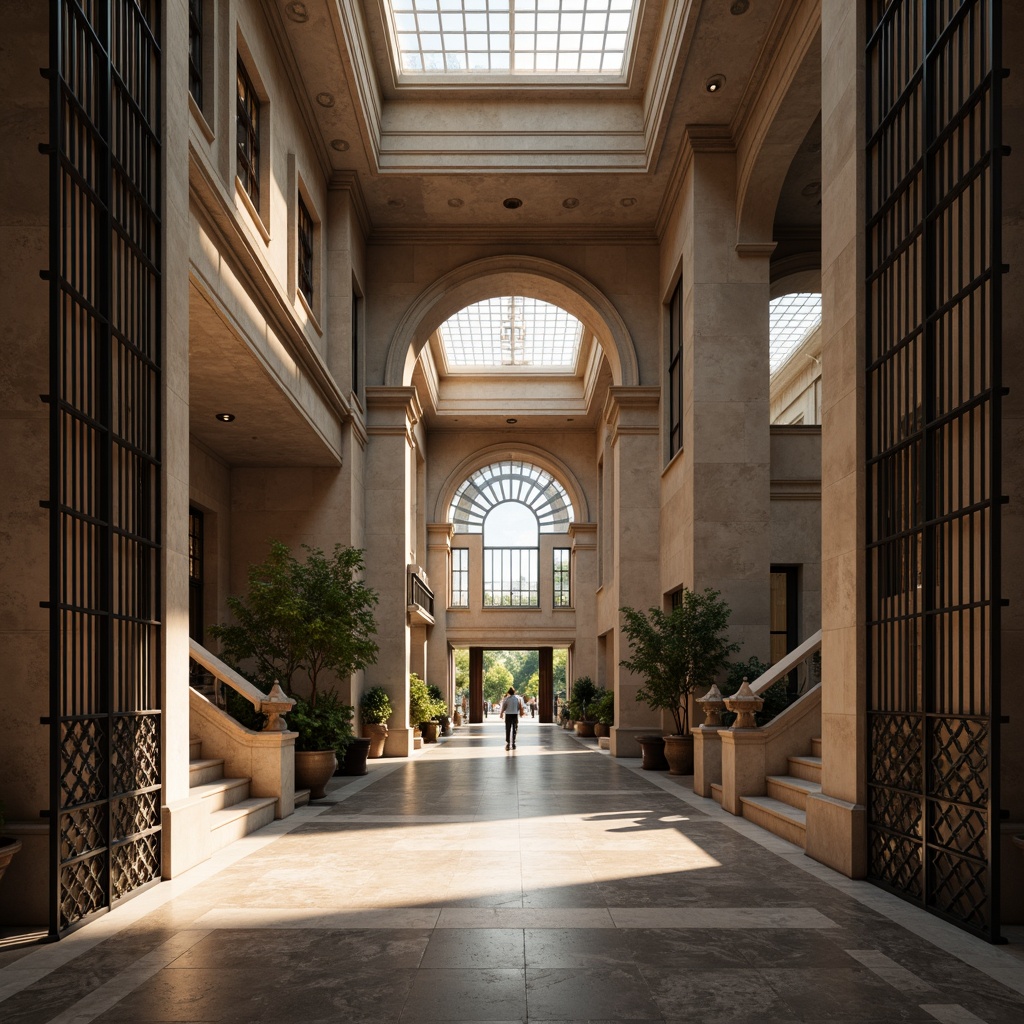 Prompt: Grand courthouse entrance, imposing stone columns, ornate metal gates, symmetrical fa\u00e7ade, high ceilings, grand staircases, polished marble floors, intricate moldings, natural light pouring through clerestory windows, warm soft lighting, subtle shadows, dramatic spotlights, 1/1 composition, realistic textures, ambient occlusion, morning sunlight, subtle color grading.