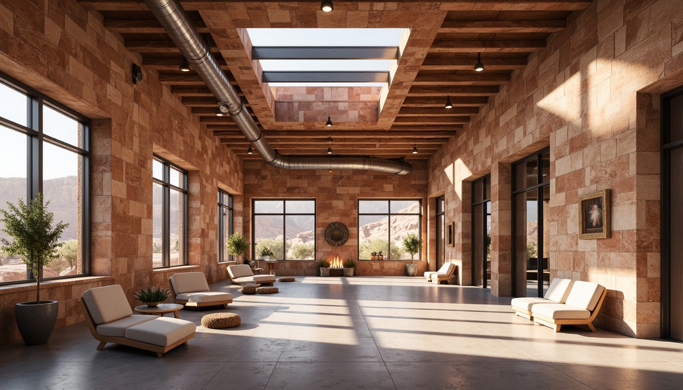 Prompt: Canyon-inspired building, rugged stone fa\u00e7ade, earthy tones, natural light pouring in, large windows, clerestory windows, skylights, open floor plans, minimalist interior design, industrial-style lighting fixtures, exposed ductwork, polished concrete floors, wooden accents, desert landscape views, red rock formations, vast open spaces, warm sunny day, soft diffused lighting, high contrast ratio, 1/1 composition, realistic textures, ambient occlusion.