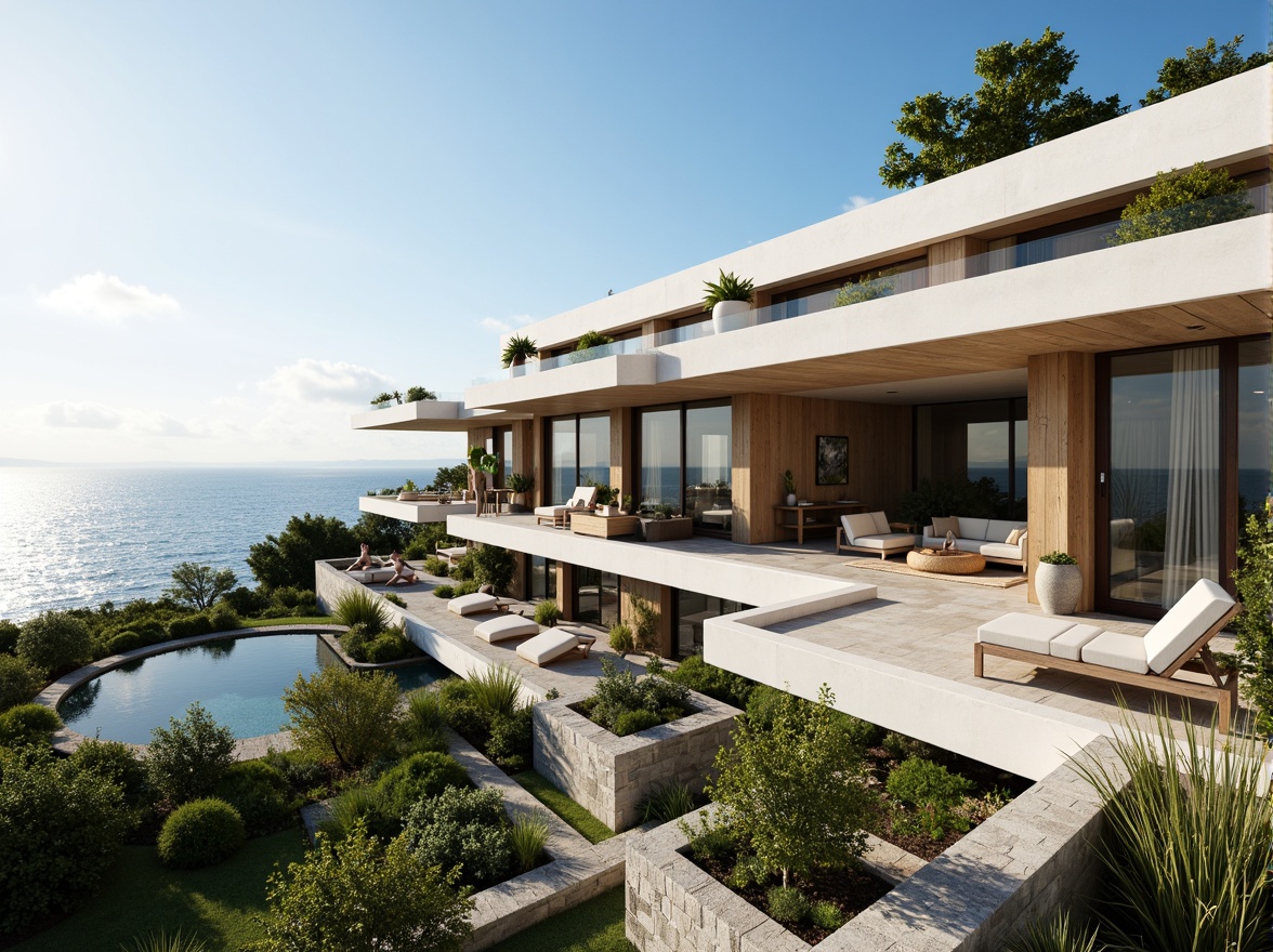 Prompt: Panoramic ocean views, south-facing orientation, floor-to-ceiling windows, sliding glass doors, open-plan living spaces, natural ventilation, passive solar design, energy-efficient systems, cantilevered rooflines, minimalist interior decor, polished concrete floors, wooden accents, modern furniture pieces, abundant greenery, lush landscaping, outdoor seating areas, shaded balconies, warm sunny days, soft diffused lighting, 1/1 composition, realistic textures, ambient occlusion.