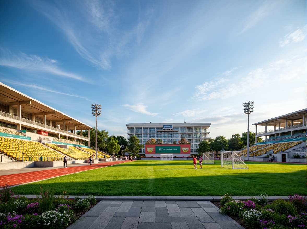 Prompt: Natural grass turf, athletic track lanes, sports equipment, goalposts, stadium seating, vibrant team colors, modern architecture, sleek metal railings, transparent glass walls, polished concrete floors, ambient lighting, shallow depth of field, 3/4 composition, panoramic view, realistic textures, soft warm atmosphere, sunny day, clear blue sky, lush greenery, blooming flowers, natural stone walkways.Let me know if you need any adjustments!