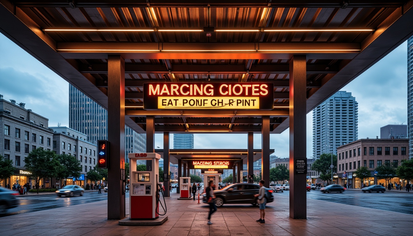 Prompt: Urban gas station, industrial chic, metallic accents, neon signage, bold typography, concrete flooring, steel beams, modern LED lighting, sleek fuel pumps, urban landscape, cityscape views, busy streets, morning commute, soft warm glow, shallow depth of field, 1/1 composition, realistic textures, ambient occlusion.