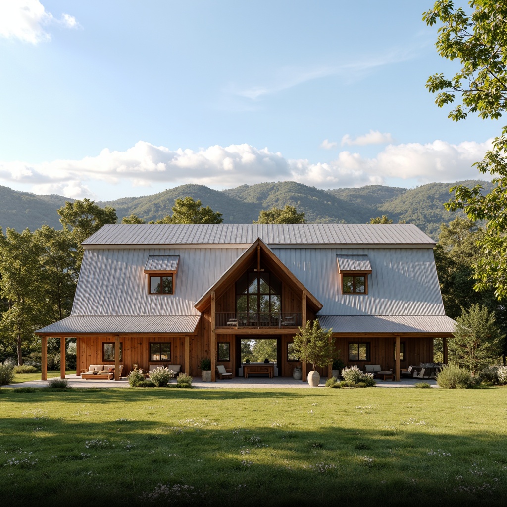 Prompt: Rustic barn, corrugated metal roofing, weathered wood accents, modern farmhouse style, asymmetrical rooflines, clerestory windows, natural light pouring in, reclaimed wood beams, earthy color palette, rural landscape, rolling hills, green pastures, sunny day, soft warm lighting, shallow depth of field, 3/4 composition, panoramic view, realistic textures, ambient occlusion.