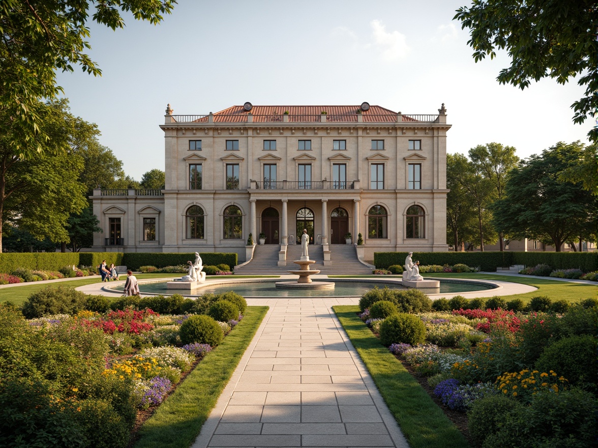 Prompt: Grand Renaissance-style museum building, ornate stone fa\u00e7ade, symmetrical gardens, manicured lawns, vibrant flower beds, sculpted hedges, meandering walkways, classical fountains, ornamental statues, grand entrance stairs, imposing columns, elegant arches, soft natural lighting, warm afternoon sun, shallow depth of field, 1/2 composition, realistic textures, ambient occlusion.