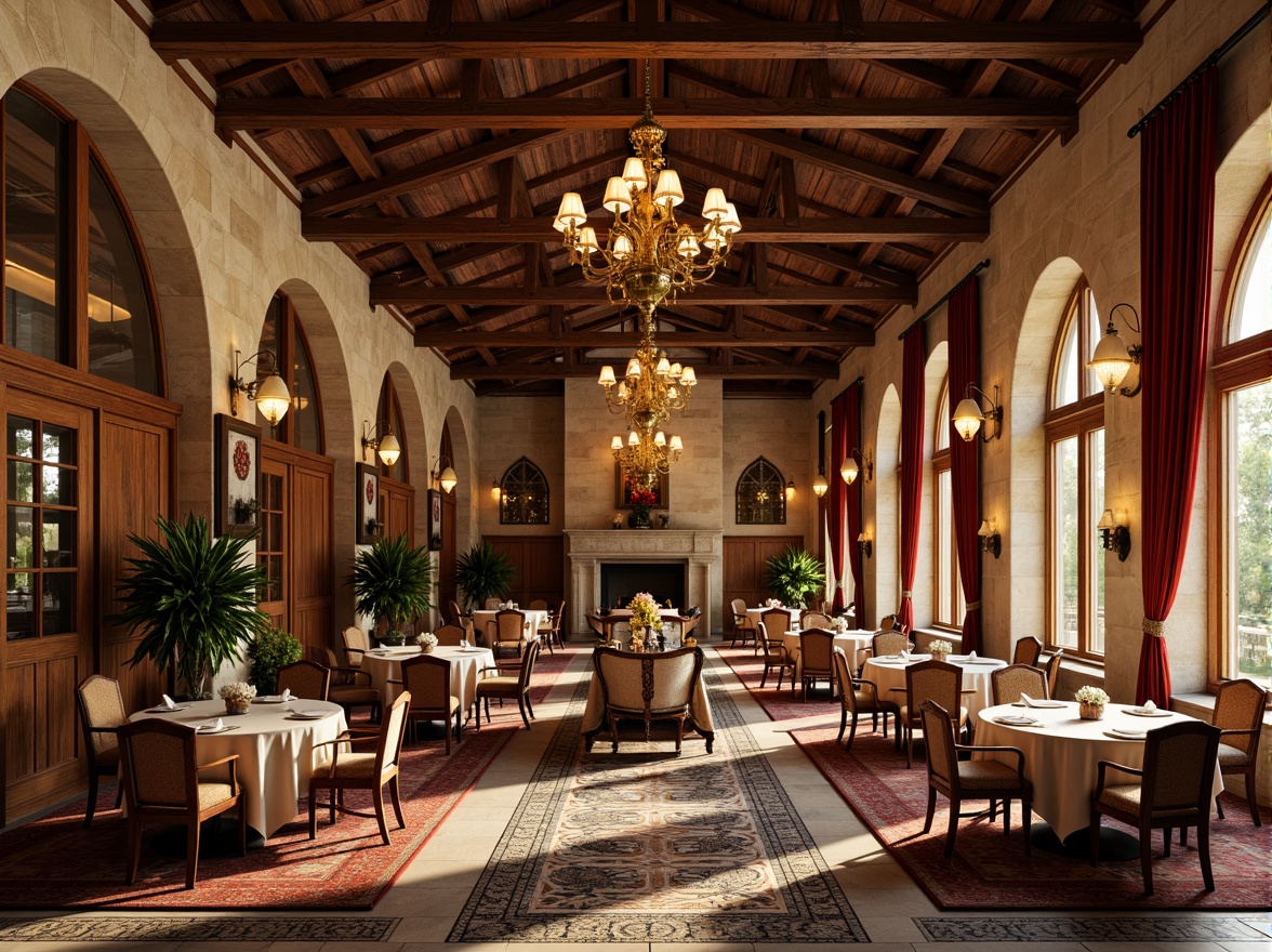 Prompt: Grand dining hall, Romanesque style architecture, majestic arches, vaulted ceilings, ornate columns, rustic stone walls, warm golden lighting, elegant chandeliers, refined wooden furniture, luxurious velvet drapes, intricate mosaic floors, richly patterned rugs, lavish greenery, natural stone fireplaces, cozy nooks, dramatic high ceilings, symmetrical composition, soft warm color palette, realistic textures, ambient occlusion.