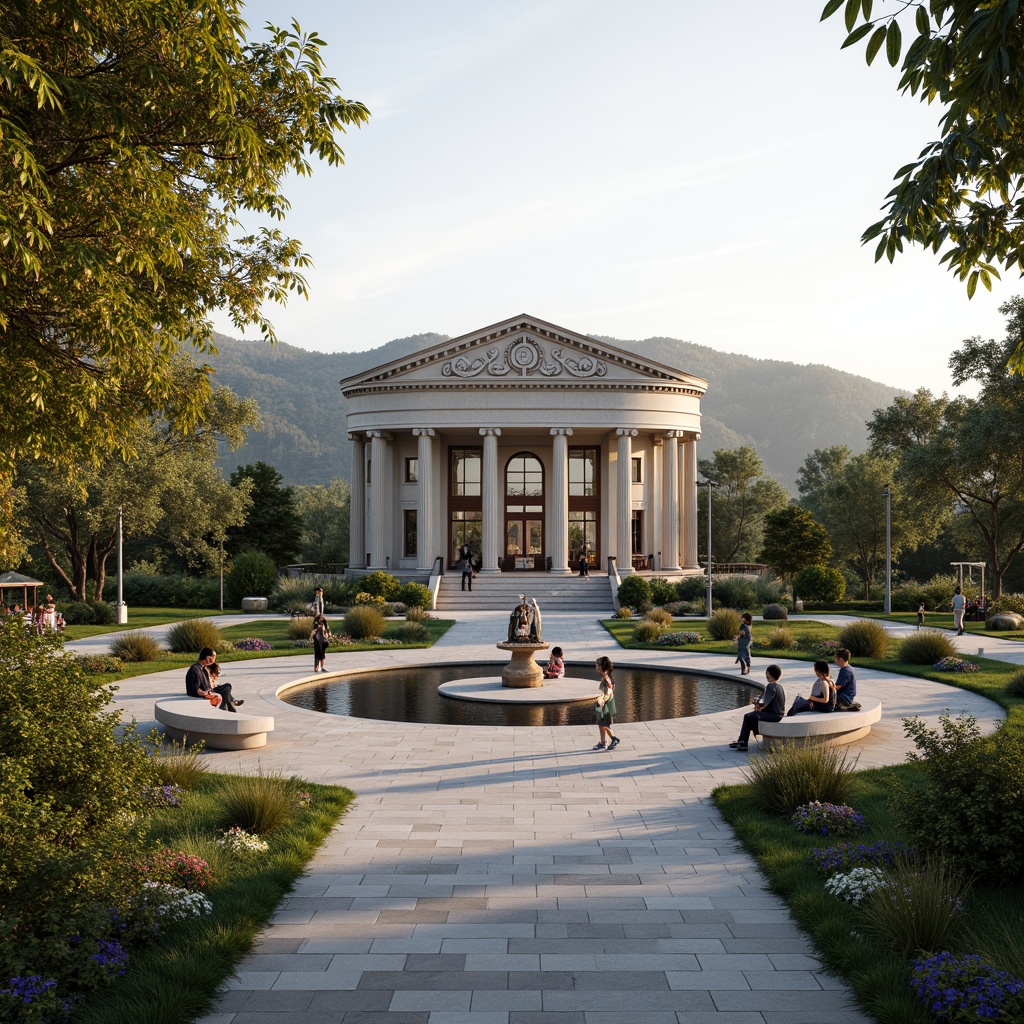 Prompt: Elegant youth center, neoclassical architecture, grand entrance, symmetrical facade, ornate columns, carved stone details, lush greenery, vibrant flowers, curved walkways, natural stone paving, tranquil water features, serene atmosphere, soft warm lighting, shallow depth of field, 3/4 composition, panoramic view, realistic textures, ambient occlusion, harmonious landscape integration, rolling hills, mature trees, scenic overlooks, meandering paths, outdoor recreational spaces, vibrant street furniture, eclectic art installations.