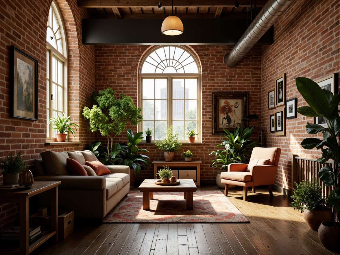 Prompt: Exposed brick walls, industrial metal beams, reclaimed wood accents, vintage decorative elements, soft warm lighting, cozy intimate atmosphere, romantic ambiance, eclectic mix of antique and modern furniture, lush greenery, potted plants, natural textiles, earthy color palette, distressed finishes, ornate metalwork, grand windows, arched doorways, rustic wooden floors, plush area rugs, dramatic ceiling heights, atmospheric misting, warm golden lighting, 1/1 composition, shallow depth of field, realistic textures, ambient occlusion.