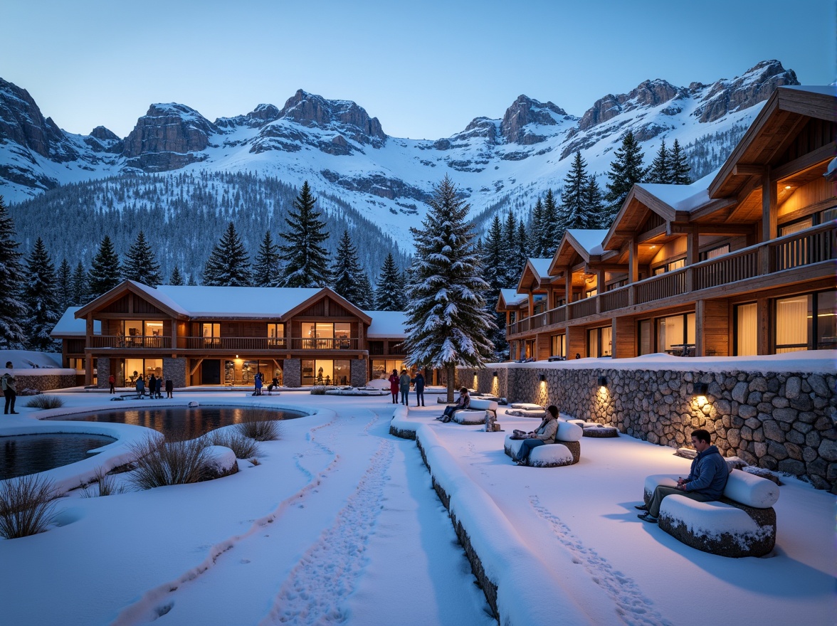 Prompt: Snow-capped mountains, wooden ski lodges, rustic stone walls, warm fireplaces, cozy interior lighting, natural wood textures, rough-hewn timber beams, metal roofing, snowflake patterns, frosty glass surfaces, icy blue tones, powdery snowdrifts, frozen lakes, misty mountain air, soft warm lighting, shallow depth of field, 3/4 composition, panoramic view, realistic textures, ambient occlusion.