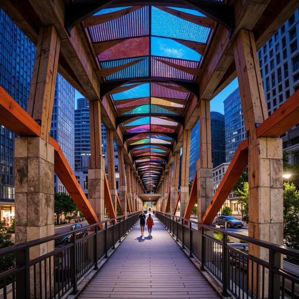 Prompt: Vibrant pedestrian bridge, eclectic mix of materials, exposed steel beams, weathered wood accents, rough-hewn stone piers, colorful glass railings, intricate metal latticework, playful LED lighting, dynamic curves, irregular shapes, fragmented forms, abstract patterns, bold color schemes, urban cityscape, bustling streets, heavy foot traffic, functional accessibility, safety features, durable finishes, low-maintenance materials, sustainable design principles, futuristic aesthetic, whimsical details, dramatic nighttime illumination, shallow depth of field, 1/1 composition, realistic textures, ambient occlusion.