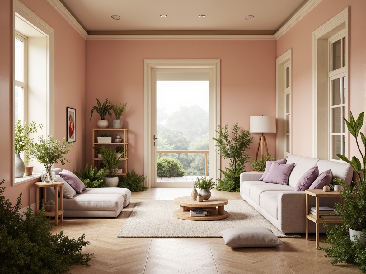 Prompt: Soft peach walls, creamy white trim, pale lavender accents, warm beige floors, natural wood furniture, lush greenery, delicate florals, gentle water features, serene ambient lighting, soft misty atmosphere, shallow depth of field, 1/1 composition, realistic textures, subtle color gradations, calming mood, peaceful ambiance.