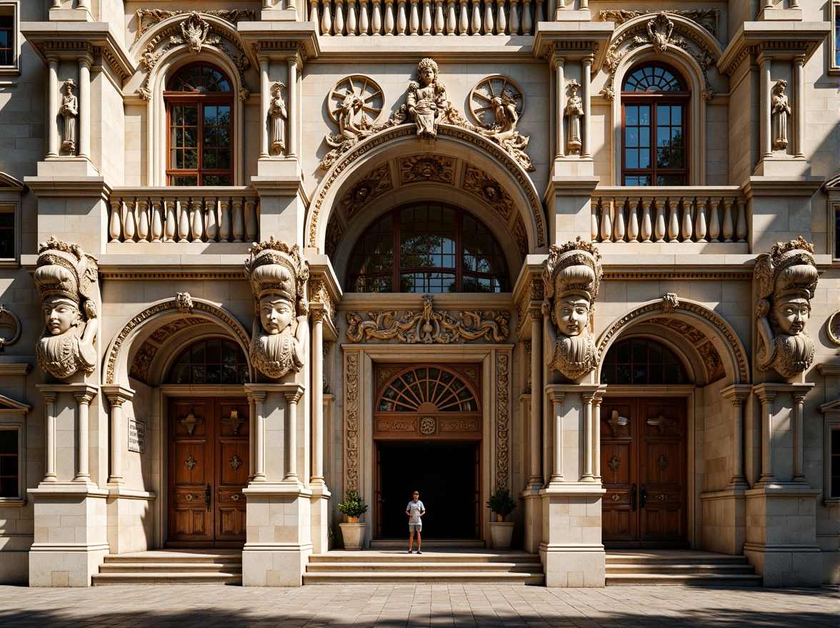 Prompt: Ornate church facade, intricately carved stone walls, gilded details, ornamental columns, grand entranceways, rusticated quoins, weathered limestone, aged bronze doors, stained glass windows, vibrant frescoes, decorative pediments, sculpted saints, lavish ornamentation, warm golden lighting, dramatic shadows, high contrast ratio, 1/2 composition, symmetrical framing, realistic normal maps.