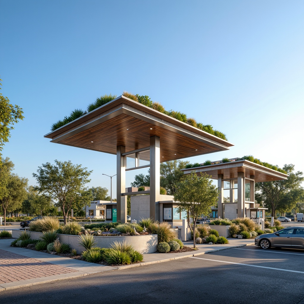 Prompt: Eco-friendly gas station, green roofs, solar panels, wind turbines, rainwater harvesting systems, recycled materials, energy-efficient lighting, natural ventilation, living walls, urban agriculture, modern minimalist design, angular lines, sleek metal structures, transparent glass facades, LED signage, electric vehicle charging stations, shaded canopies, drought-resistant landscaping, xeriscaping, desert-inspired flora, clear blue sky, sunny day, soft warm lighting, shallow depth of field, 3/4 composition, panoramic view, realistic textures, ambient occlusion.