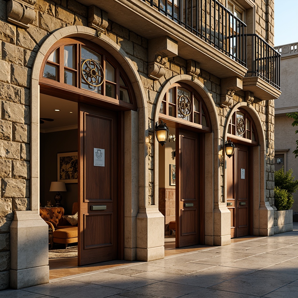 Prompt: Renaissance-style hostel facade, ornate stone carvings, grand archways, rustic wooden doors, vintage metal lanterns, intricate stonework patterns, warm golden lighting, soft afternoon sun, shallow depth of field, 1/2 composition, symmetrical architecture, richly textured walls, decorative cornices, elegant balconies, ornamental railings, classic European-inspired design, earthy color palette, aged stone textures, subtle weathering effects.