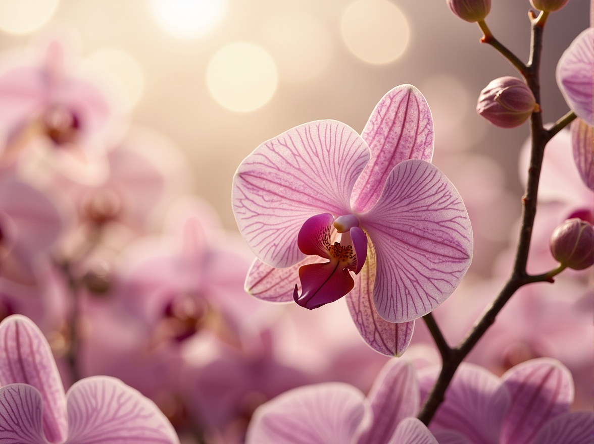 Prompt: Exquisite orchid-inspired color palette, soft pastel hues, delicate petals, subtle sheen, luxurious fabrics, velvety textures, whimsical patterns, elegant florals, refined lines, sophisticated ambiance, warm golden lighting, shallow depth of field, 1/1 composition, realistic renderings, ambient occlusion.