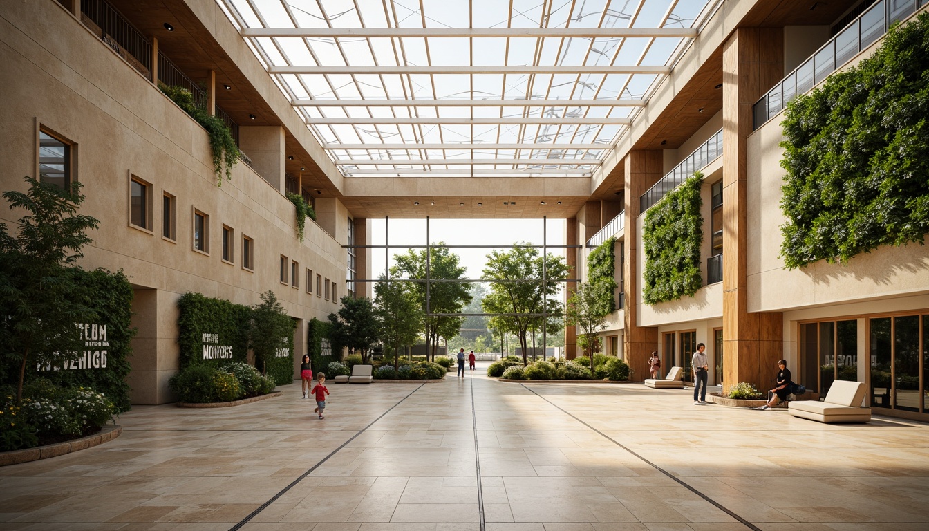 Prompt: Spacious gymnasium interior, high ceilings, clerestory windows, skylights, transparent roof, natural stone flooring, wooden accents, minimalist design, abundant greenery, living walls, vertical gardens, athletic equipment, basketball hoops, volleyball nets, exercise machines, mirrored walls, motivational quotes, soft warm lighting, shallow depth of field, 1/1 composition, panoramic view, realistic textures, ambient occlusion.