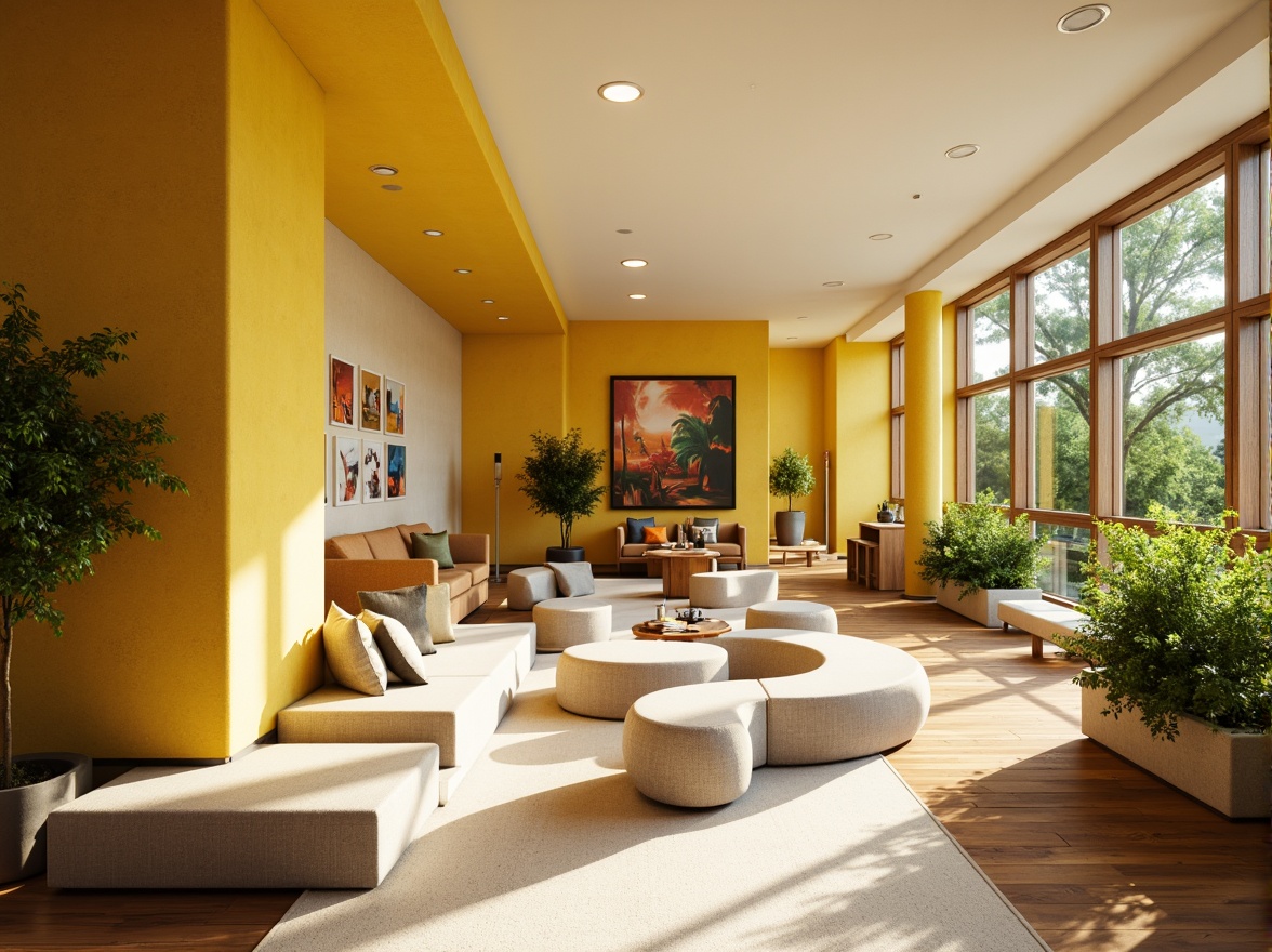 Prompt: Vibrant yellow accents, calming natural light, soothing beige walls, comfortable seating areas, lush green plants, warm wooden floors, cozy reading nooks, gentle curves, soft cushions, uplifting artwork, serene ambiance, peaceful atmosphere, calming color scheme, harmonious design elements, nature-inspired patterns, subtle texture contrasts, inviting community spaces, relaxing wellness zones, rejuvenating therapy rooms, bright sunny days, shallow depth of field, 1/1 composition, realistic renderings, ambient occlusion.