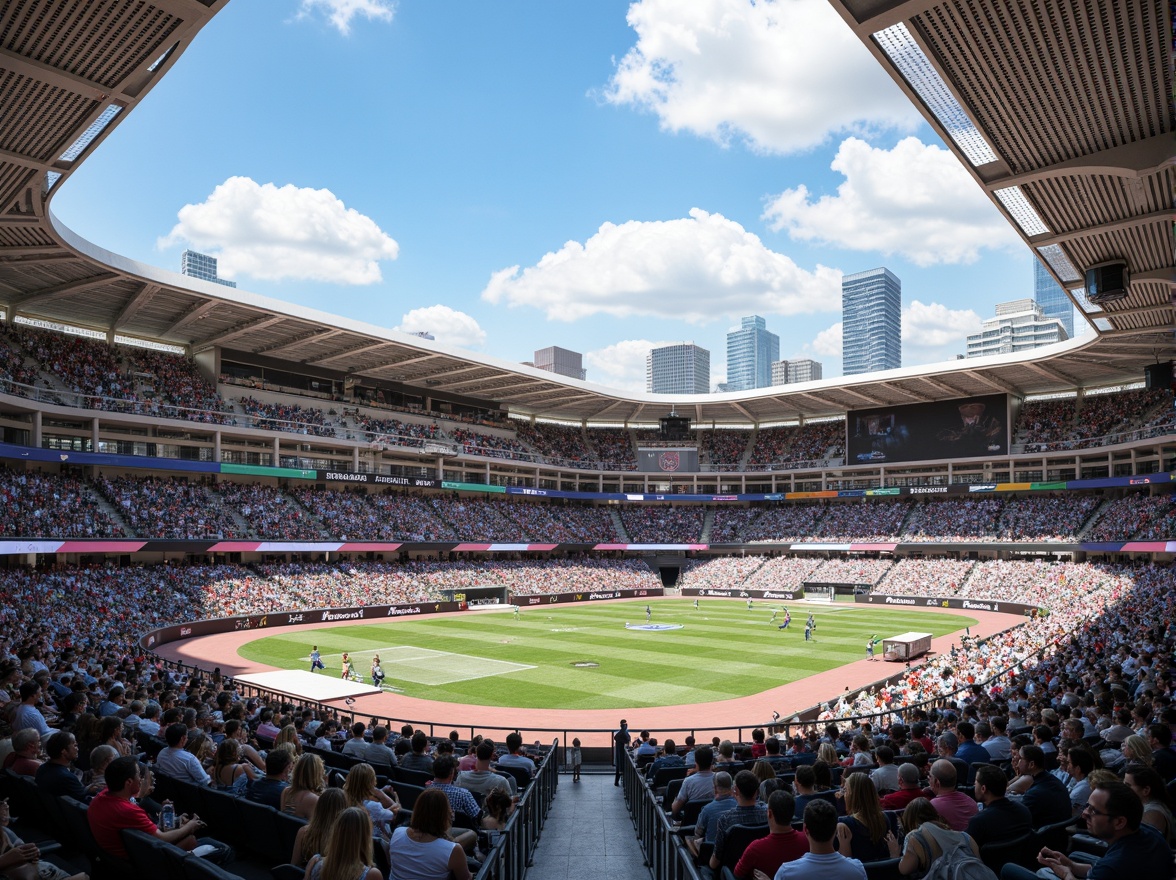 Prompt: Modern stadium architecture, perforated metal panels, sleek curved lines, cantilevered roofs, vibrant LED lighting, bustling crowd atmosphere, urban cityscape backdrop, sunny day with fluffy clouds, shallow depth of field, 1/2 composition, realistic reflections, ambient occlusion, natural stone flooring, polished concrete walls, dynamic sports equipment, athletic tracks, goalposts, scoreboards, spectator seating areas, VIP lounges, concession stands, modern amenities, sustainable building materials, energy-efficient systems.