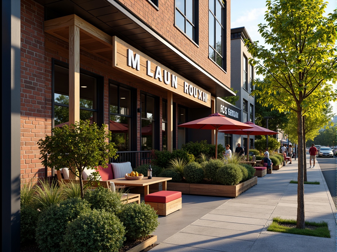 Prompt: Vibrant restaurant facade, eclectic signage, rustic wooden accents, industrial metal beams, reclaimed brick walls, modern glass doors, lively outdoor seating, umbrella tables, lantern lighting, lush greenery, natural stone pathways, bustling street scene, warm afternoon sunlight, shallow depth of field, 1/1 composition, realistic textures, ambient occlusion.