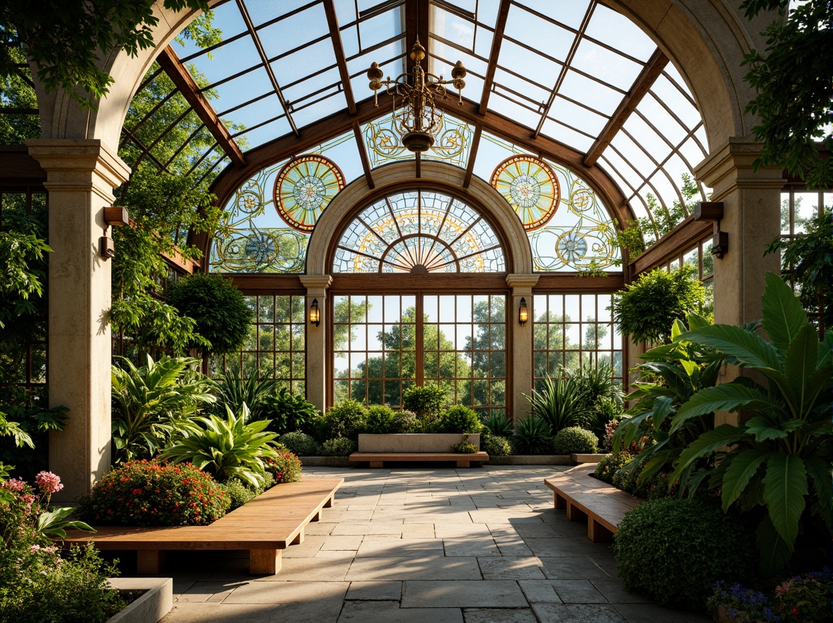 Prompt: Intricate Art Nouveau greenhouse, lush greenery, exotic plants, ornate metal framework, stained glass windows, vibrant floral patterns, soft natural lighting, warm sunny day, gentle misting system, delicate tendrils, curved lines, organic shapes, elegant wooden benches, rustic stone pathways, serene ambiance, shallow depth of field, 1/1 composition, realistic textures, ambient occlusion.