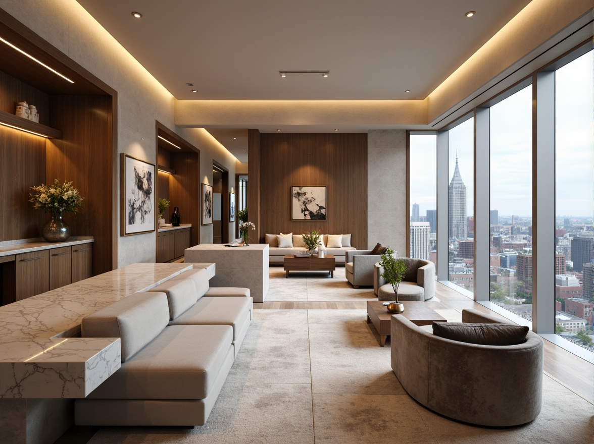 Prompt: Luxurious penthouse interior, rich wood accents, sleek metal fixtures, lavish marble countertops, plush velvet upholstery, sophisticated neutral tones, creamy whites, warm beige, soft grays, taupe undertones, subtle gold hardware, ambient warm lighting, dramatic cityscape views, floor-to-ceiling windows, minimalist decor, modern abstract art, elegant curves, refined textures, 1/1 composition, shallow depth of field, realistic reflections.