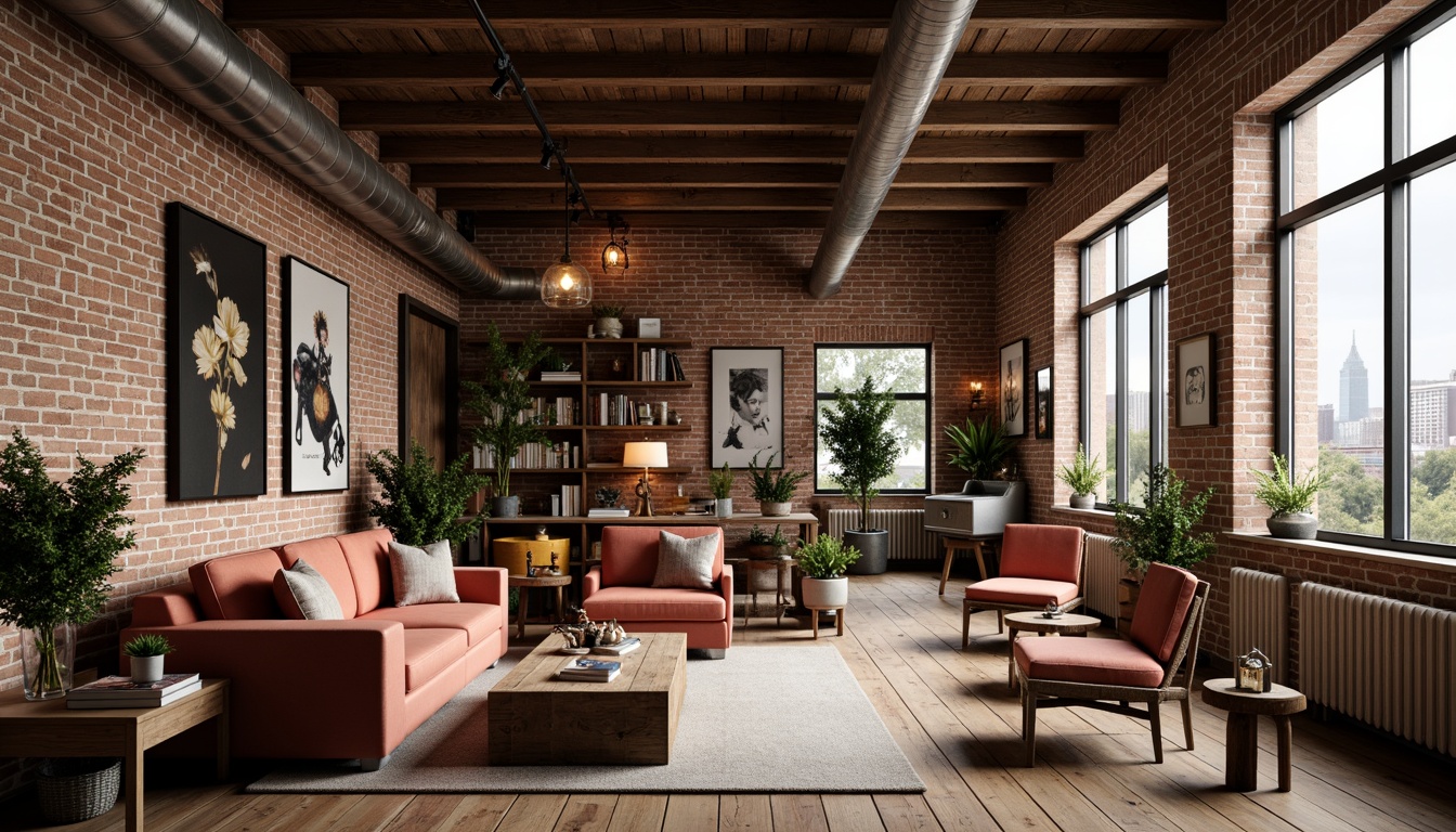 Prompt: Exposed brick walls, wooden beam ceilings, industrial metal pipes, reclaimed wood floors, vintage decorative items, soft warm lighting, cozy reading nooks, plush velvet sofas, distressed leather armchairs, eclectic art collections, lush greenery, natural stone accents, minimalist decor, open floor plans, high ceilings, large windows, cityscape views, urban landscape, romantic ambiance, warm color palette, rustic textures, shallow depth of field, 1/1 composition, panoramic view, realistic renderings, ambient occlusion.