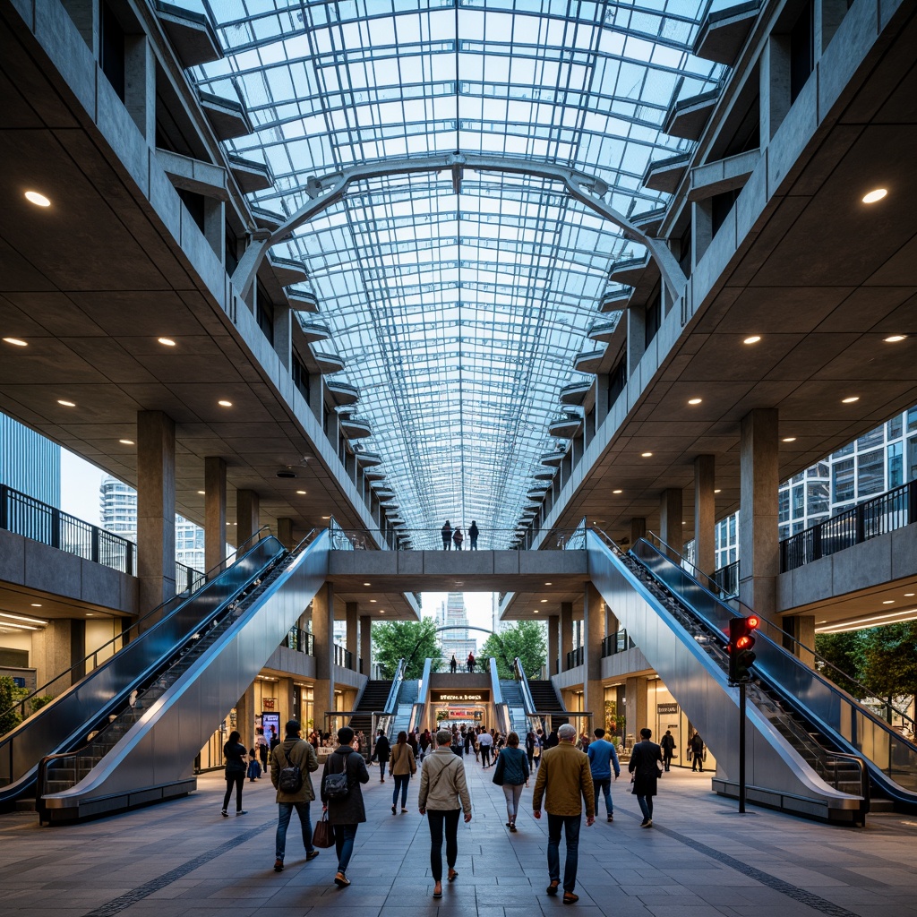 Prompt: Modern metro station, sleek glass roofs, steel beams, concrete columns, futuristic escalators, vibrant LED lighting, urban cityscape, busy pedestrian traffic, rush hour atmosphere, natural stone flooring, metallic accents, geometric patterns, angular lines, minimalist design, efficient passenger flow, clear signage, intuitive wayfinding, comfortable seating areas, ambient occlusion, shallow depth of field, 3/4 composition, panoramic view.