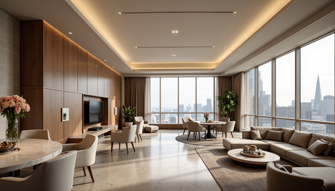 Prompt: Luxurious penthouse interior, rich wood accents, sleek metal fixtures, lavish marble countertops, plush velvet upholstery, sophisticated neutral tones, creamy whites, warm beige, soft grays, taupe undertones, subtle gold hardware, ambient warm lighting, dramatic cityscape views, floor-to-ceiling windows, minimalist decor, modern abstract art, elegant curves, refined textures, 1/1 composition, shallow depth of field, realistic reflections.