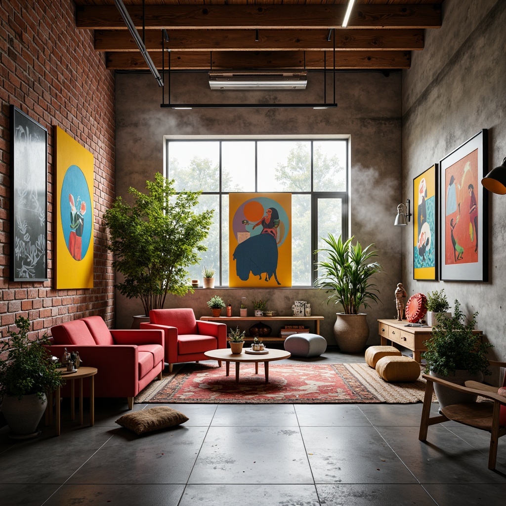 Prompt: Vibrant art studio, eclectic furniture, abstract artwork, bold color blocking, contrasting textures, modern industrial architecture, exposed brick walls, polished concrete floors, reclaimed wood accents, natural light pouring in, soft warm glow, atmospheric mist, shallow depth of field, 1/1 composition, realistic renderings, ambient occlusion.