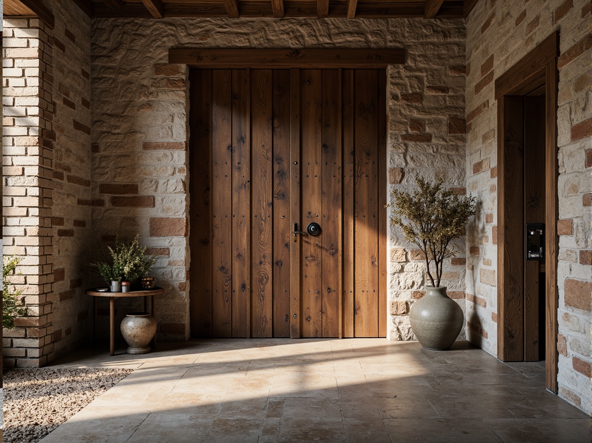 Prompt: Rustic stone walls, weathered wooden planks, distressed metal panels, rough-hewn concrete floors, tactile brick facades, organic natural forms, earthy color palette, warm ambient lighting, shallow depth of field, 3/4 composition, realistic textures, ambient occlusion.