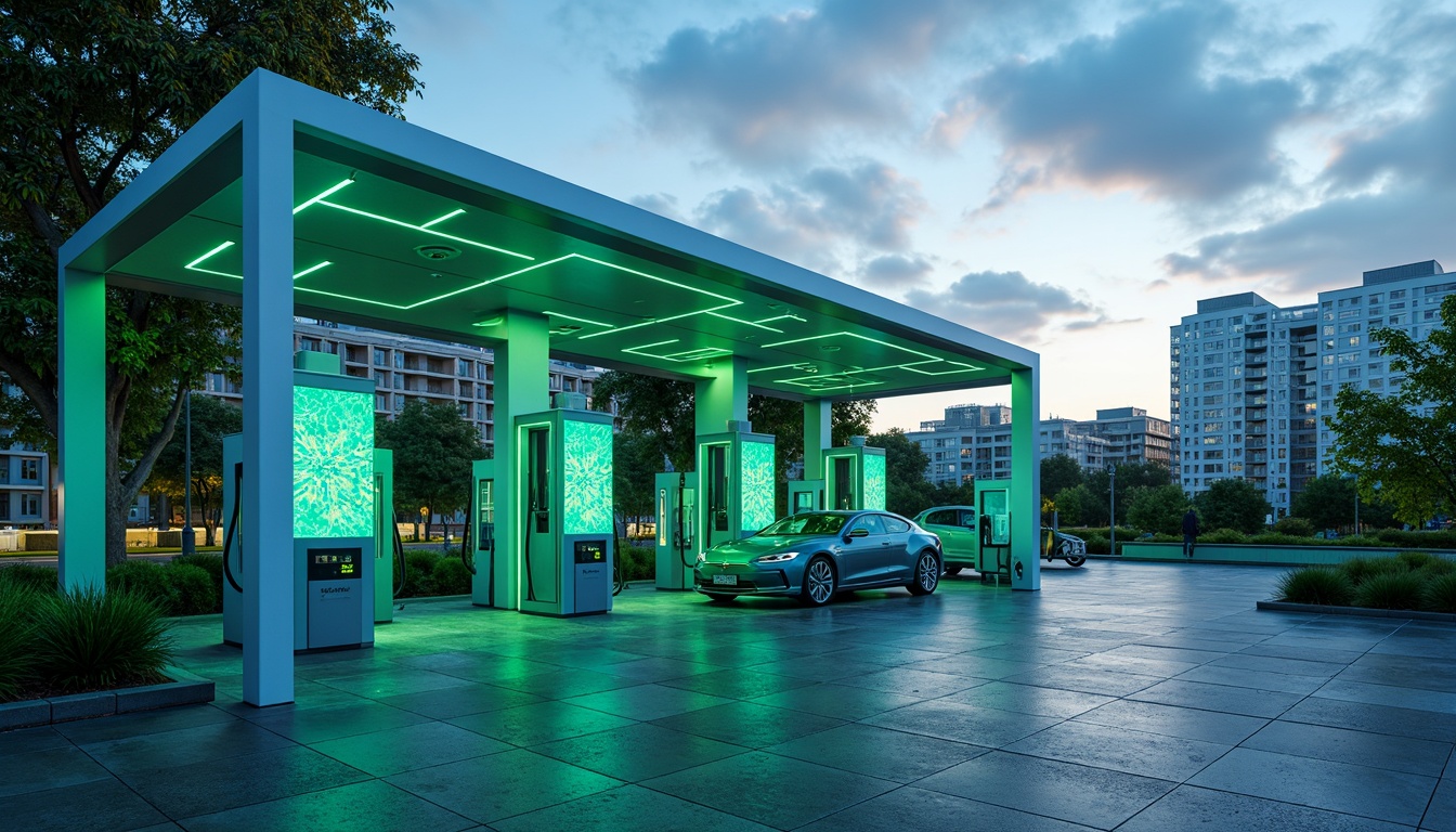 Prompt: Vibrant electric vehicle charging station, modern minimalist architecture, sleek metal columns, LED lighting strips, dynamic digital displays, futuristic design elements, calming blue-green color scheme, soothing ambient lighting, natural stone flooring, eco-friendly materials, innovative energy storage systems, urban cityscape background, cloudy sky with sunbeams, shallow depth of field, 1/1 composition, realistic textures, subtle gradient effects.