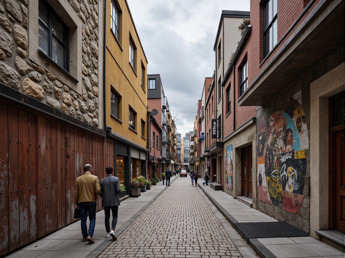 Prompt: Rough stone walls, weathered wooden planks, rusty metal cladding, smooth concrete floors, intricate tile patterns, vibrant colorful murals, natural brick facades, ornate stucco details, distressed finishes, industrial chic aesthetic, urban cityscape, cloudy grey sky, dramatic spotlighting, high contrast shadows, 1/1 composition, symmetrical framing, realistic material textures, ambient occlusion.