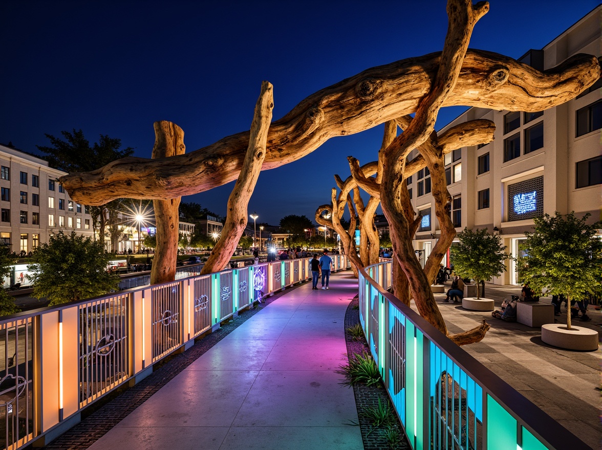 Prompt: Vibrant pedestrian bridge, eclectic mix of materials, exposed steel beams, weathered wood accents, rough-hewn stone piers, colorful glass railings, intricate metal latticework, playful LED lighting, dynamic curves, irregular shapes, fragmented forms, abstract patterns, bold color schemes, urban cityscape, bustling streets, heavy foot traffic, functional accessibility, safety features, durable finishes, low-maintenance materials, sustainable design principles, futuristic aesthetic, whimsical details, dramatic nighttime illumination, shallow depth of field, 1/1 composition, realistic textures, ambient occlusion.