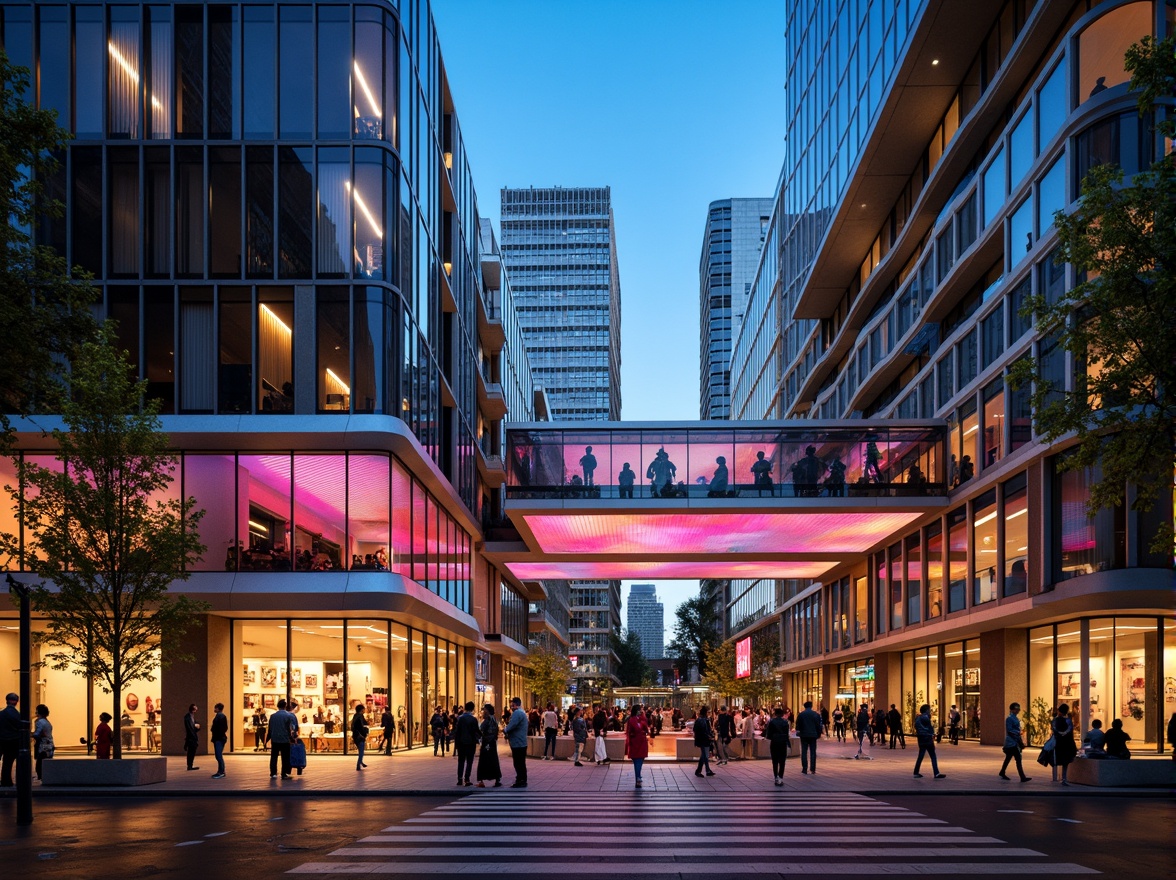 Prompt: Vibrant performing arts center, dynamic LED light installations, undulating curves, translucent glass fa\u00e7ades, cantilevered balconies, polished metal accents, futuristic architecture, angular lines, geometric patterns, urban cityscape, bustling streets, evening atmosphere, warm golden lighting, shallow depth of field, 1/1 composition, realistic textures, ambient occlusion.