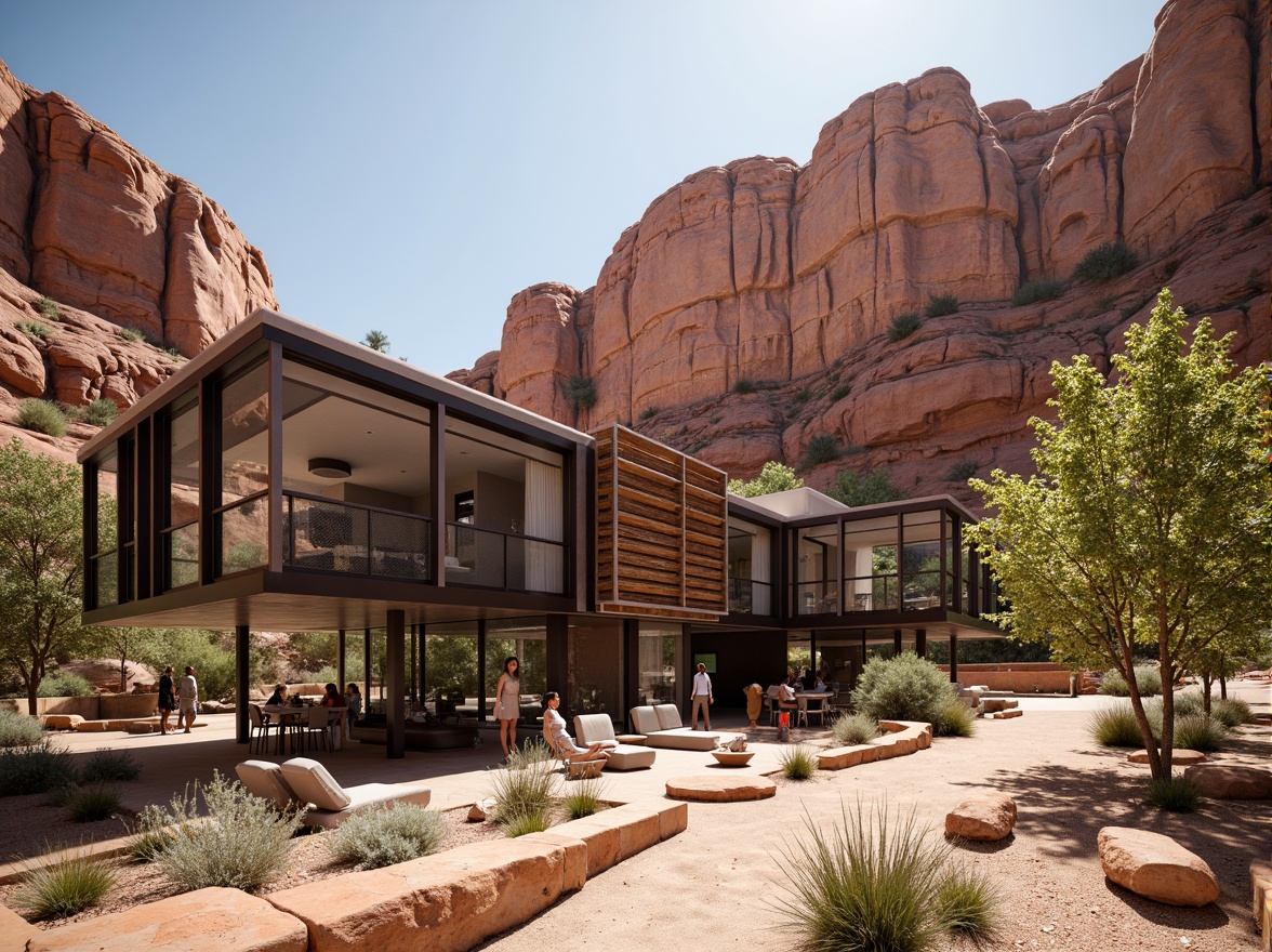 Prompt: Rugged canyon landscape, rust-colored rock formations, modernist architecture, cantilevered buildings, steel frames, glass facades, minimalist design, clean lines, industrial materials, exposed ductwork, polished concrete floors, reclaimed wood accents, metal mesh railings, floor-to-ceiling windows, sliding glass doors, natural ventilation systems, passive solar design, desert flora, succulent plants, sandy terrain, warm sunny day, high contrast lighting, dramatic shadows, 1/1 composition, symmetrical framing, realistic textures, ambient occlusion.