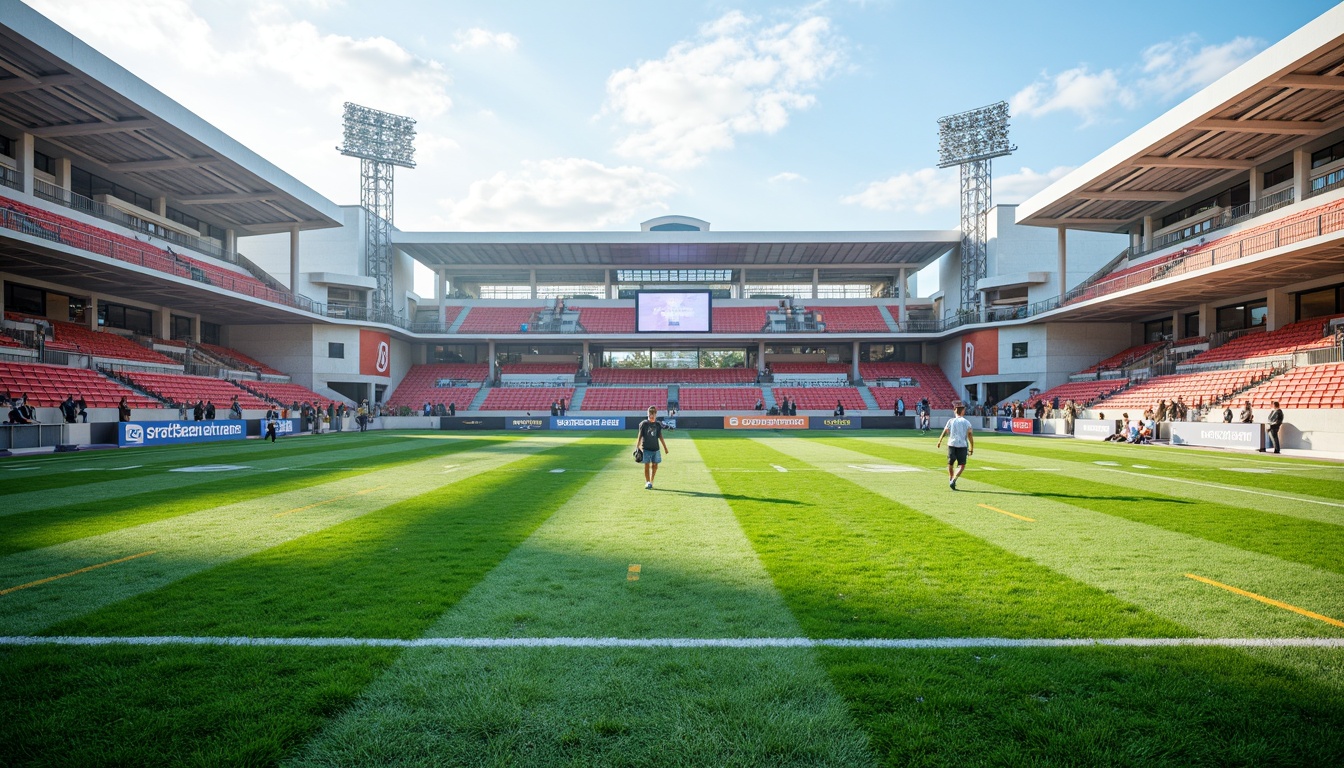 Prompt: Natural grass turf, athletic track lanes, sports equipment, goalposts, stadium seating, vibrant team colors, modern LED scoreboards, sleek metal railings, rubberized flooring, textured concrete walls, dynamic lighting systems, misting cooling systems, shaded spectator areas, 3/4 composition, panoramic view, realistic textures, ambient occlusion.