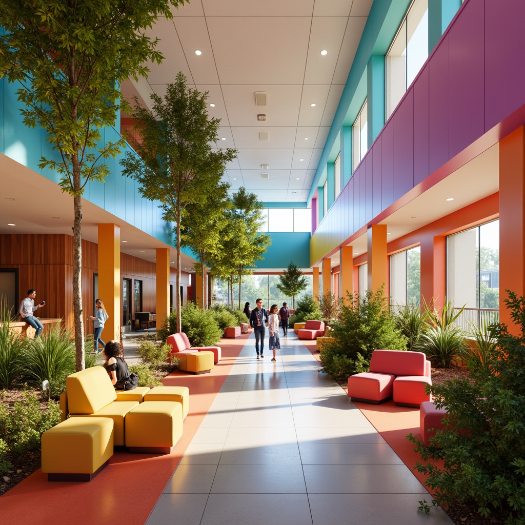 Prompt: Vibrant student halls, modern architectural design, bold color scheme, energetic atmosphere, youthful vibe, bright corridors, lively common areas, cozy study nooks, warm lighting, comfortable furniture, natural wood accents, calming greenery, playful patterns, geometric shapes, contrasting textures, dynamic visual interest, 3/4 composition, shallow depth of field, realistic rendering.